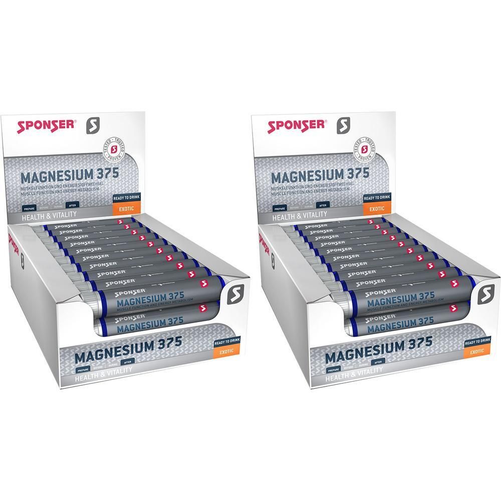 Verpackung mit SPONSER MAGNESIUM 375 Sticks. Aufschrift: MAGNESIUM 375, HEALTH & VITALITY. Gezeigt in einer Verkaufsbox.