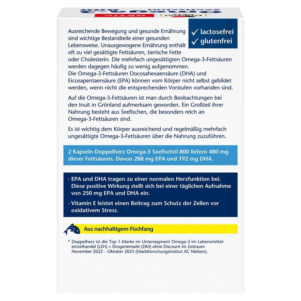 Rückseite der Verpackung von Doppelherz aktiv Omega-3 Seefischöl 800. Textinformationen über Inhaltsstoffe und Vorteile. Enthält Informationen zu EPA und DHA.