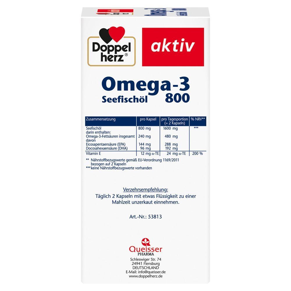 Seite der Verpackung von Doppelherz aktiv Omega-3 Seefischöl 800. Enthält Nährwertangaben pro Kapsel und Tagesportion. Herstellerinformationen.