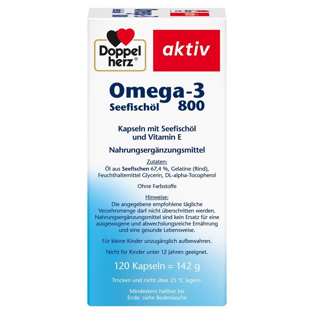 Vorderseite der Verpackung von Doppelherz aktiv Omega-3 Seefischöl 800. Enthält Informationen zu Inhaltsstoffen und Hinweise zur Anwendung. 120 Kapseln.