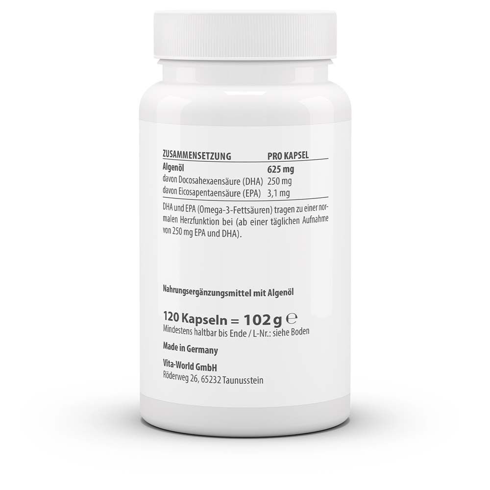 Weiße Flasche mit Etikett. Aufschrift: Zusammensetzung, Algenöl, 625 mg, 120 Kapseln, 102 g. Vita World GmbH.