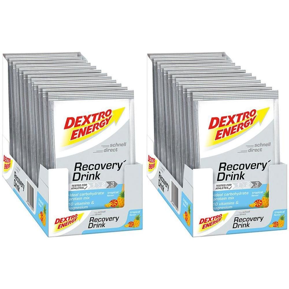 Zwei Kartons mit Beuteln. Auf den Beuteln steht "Dextro Energy Recovery Drink". Die Verpackung zeigt eine Ananas.