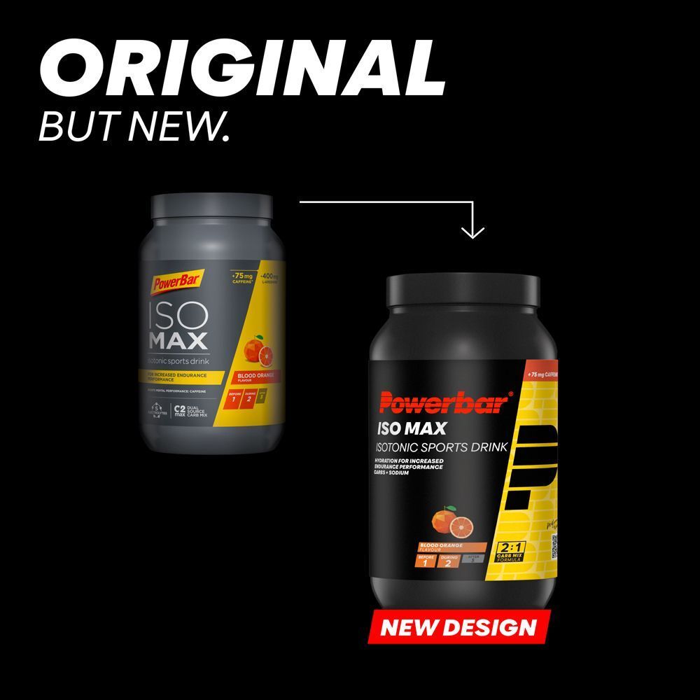 Vergleich von Powerbar ISO MAX. Links: älteres Design. Rechts: neues Design. Text: Original, aber neu. Blutorange-Geschmack.
