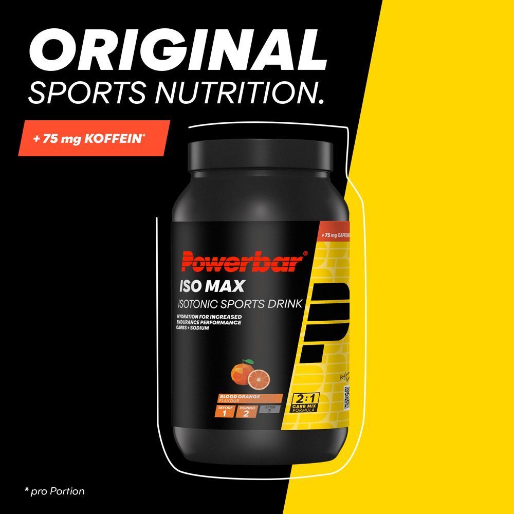 Schwarzer Behälter Powerbar ISO MAX. Text: Isotonic Sports Drink. +75 mg Koffein. Blutorange-Geschmack. Gelber Hintergrund.