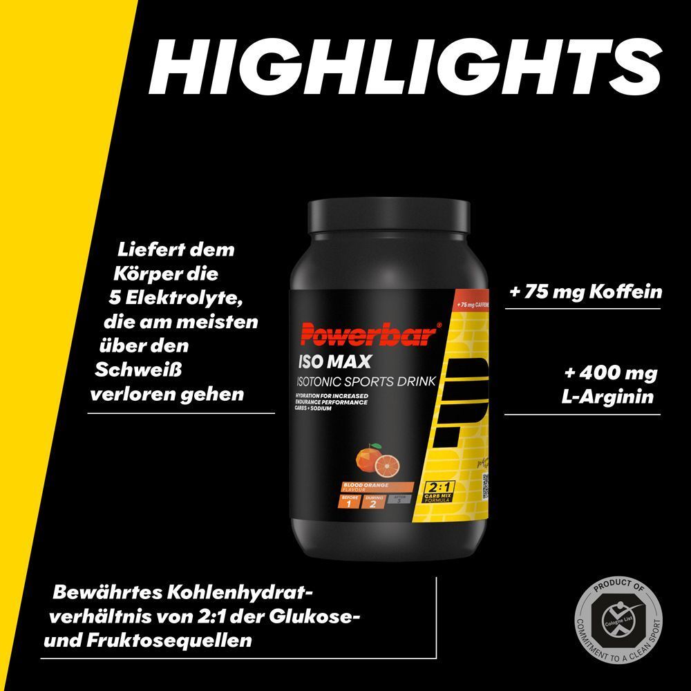 Powerbar ISO MAX Behälter. Text: Isotonic Sports Drink. +75 mg Koffein, +400 mg L-Arginin. 5 Elektrolyte. 2:1 Kohlenhydrat-Verhältnis.