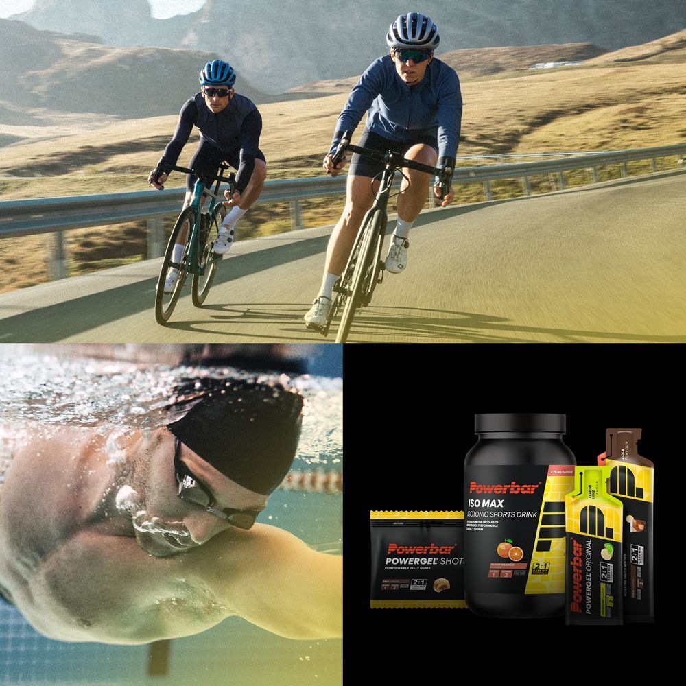 Sportler beim Radfahren, Schwimmen und Laufen. Produkte: Powerbar ISO MAX, Powerbar Gels und Shots.