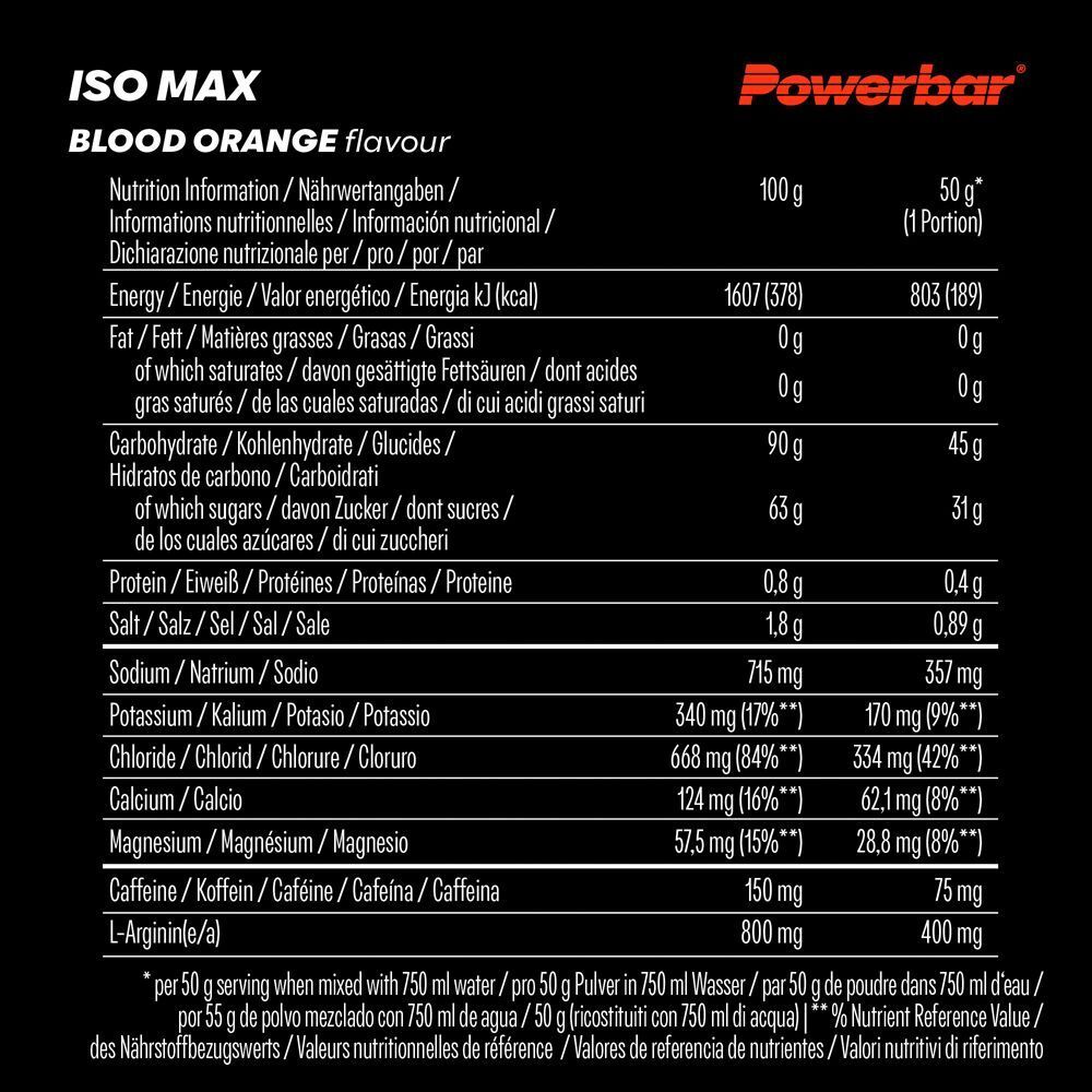 Nährwerttabelle für Powerbar ISO MAX Blutorange. Angaben pro 100g und pro Portion. Enthält Nährwertangaben.