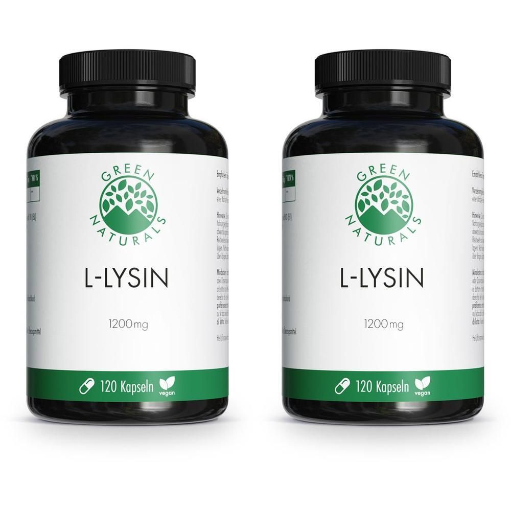 Zwei Flaschen mit schwarzem Deckel. Aufschrift: GREEN NATURALS L-LYSIN 1200mg. 120 Kapseln. Vegan.