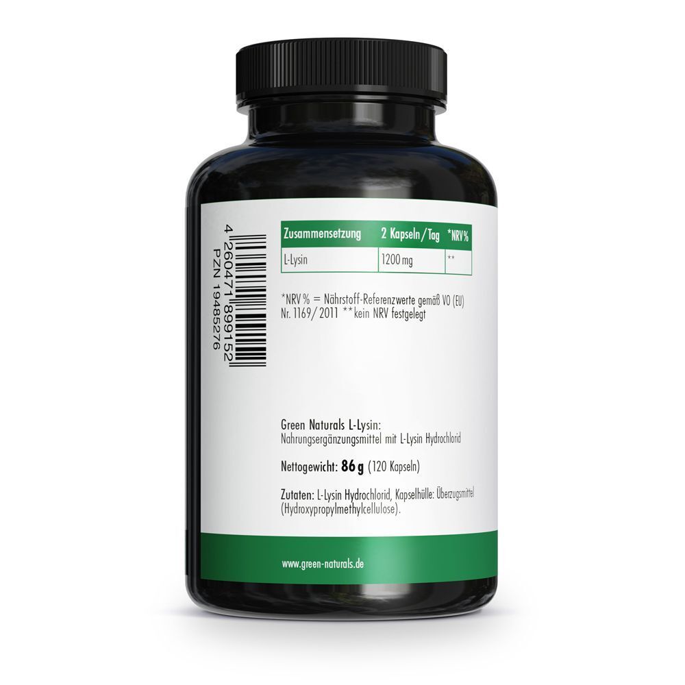 Rückseite einer Flasche. Aufschrift: L-Lysin 1200 mg. Zutatenliste. Nettogewicht 86 g (120 Kapseln).
