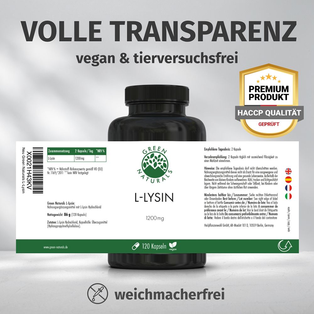 Flasche L-Lysin 1200 mg vegan, mit Siegeln 'Premium Produkt' und 'HACCP Qualität'.