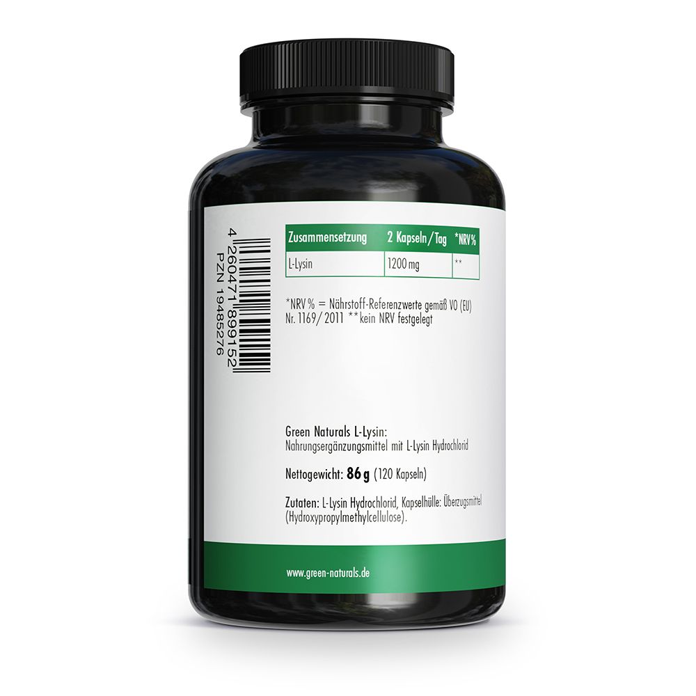 Rückseite einer Flasche L-Lysin 1200 mg mit Nährwertangaben.
