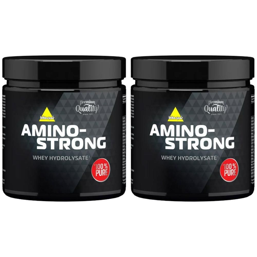 Zwei schwarze Dosen mit der Aufschrift "AMINO-STRONG". Aufschrift "WHEY HYDROLYSATE" und "100% PURE". Gelbes Logo mit "Premium Quality".