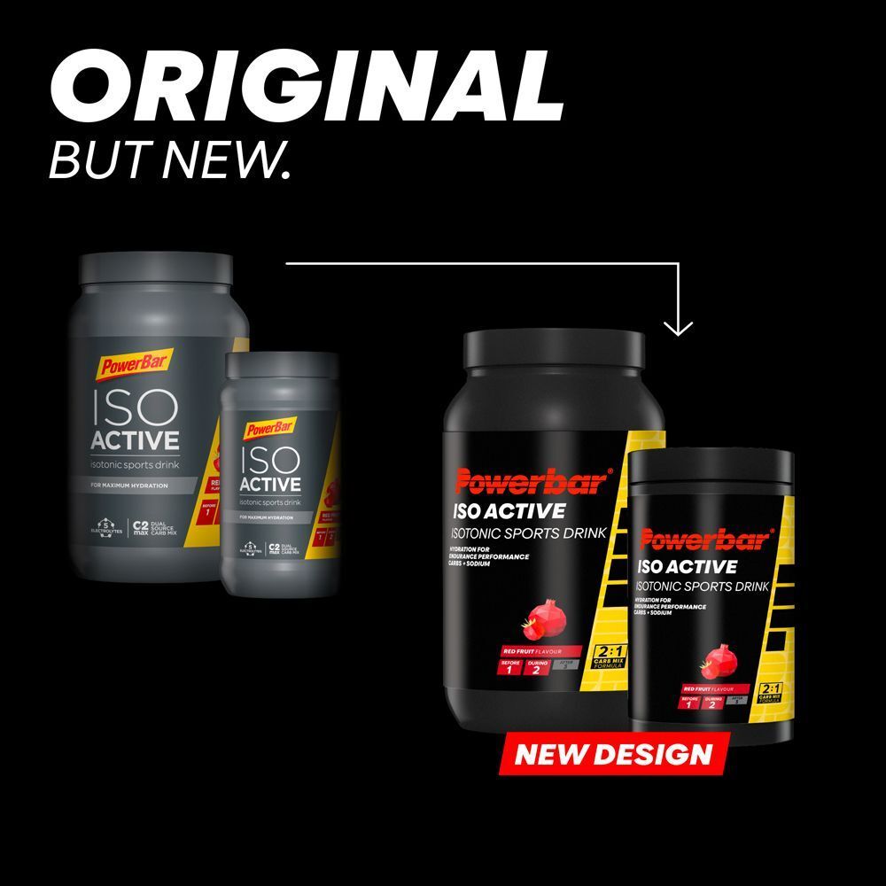 Vergleich von Powerbar ISO ACTIVE Dosen. Links: älteres Design. Rechts: neues Design. Text: Original, aber neu.