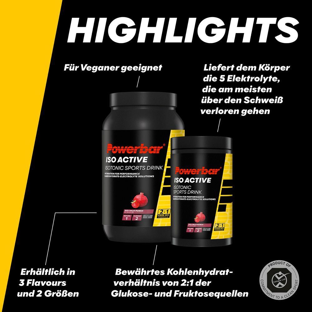 Powerbar ISO ACTIVE Dose und kleinere Dose. Text: Für Veganer geeignet, 3 Geschmacksrichtungen, 2 Größen.