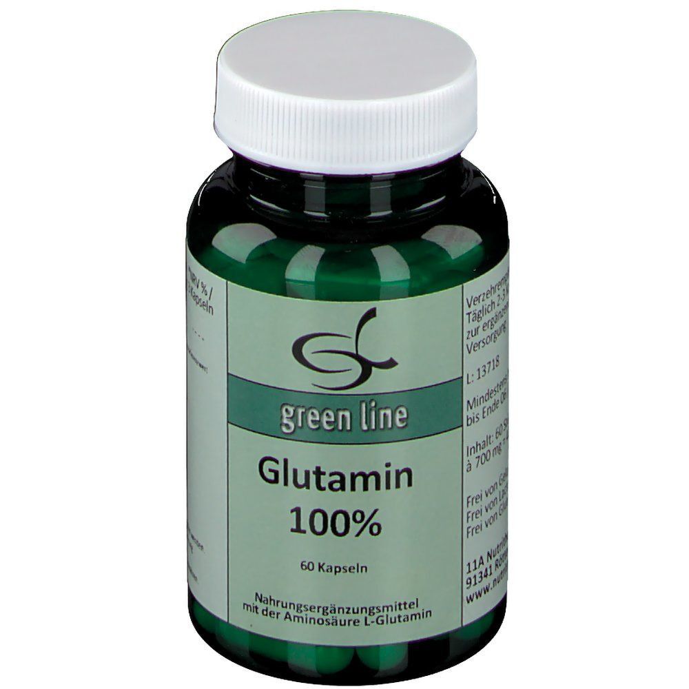Grüne Flasche mit weißem Deckel. Aufschrift: green line Glutamin 100%. 60 Kapseln. Nahrungsergänzungsmittel.