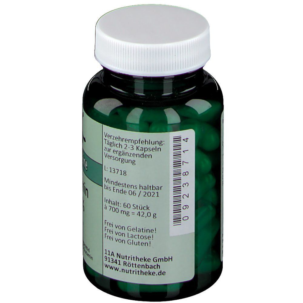 Grüne Flasche mit weißen Deckel. Enthält grüne Kapseln. Aufschrift: green line Glutamin. 60 Kapseln. Nahrungsergänzungsmittel.