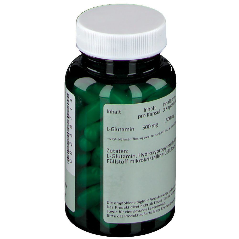 Grüne Flasche mit weißen Deckel. Enthält grüne Kapseln. Aufschrift: L-Glutamin. 500 mg pro Kapsel. Zutatenliste.