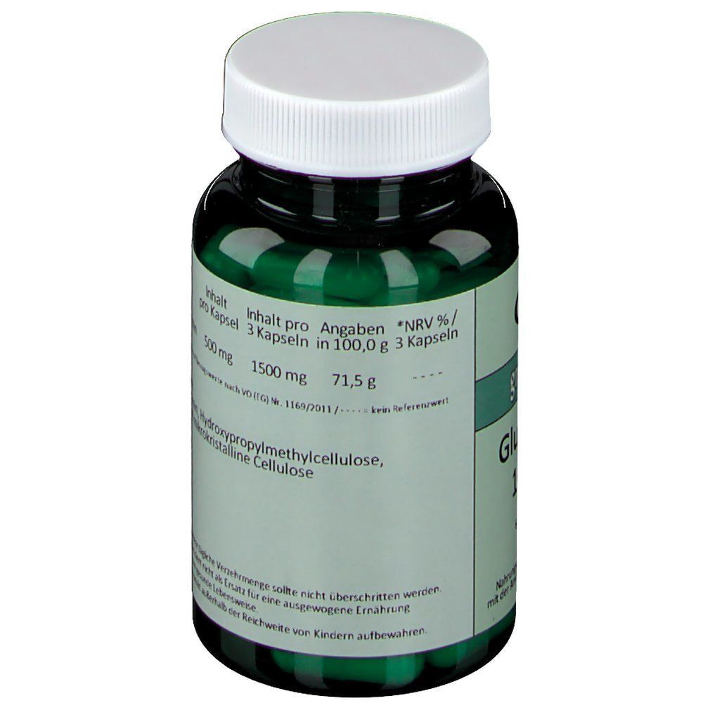 Grüne Flasche mit weißen Deckel. Enthält grüne Kapseln. Aufschrift: L-Glutamin. 500 mg pro Kapsel. Zutatenliste.