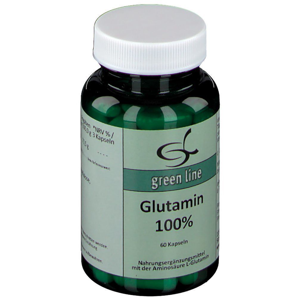 Grüne Flasche mit weißem Deckel. Aufschrift: green line Glutamin 100%. 60 Kapseln. Nahrungsergänzungsmittel.