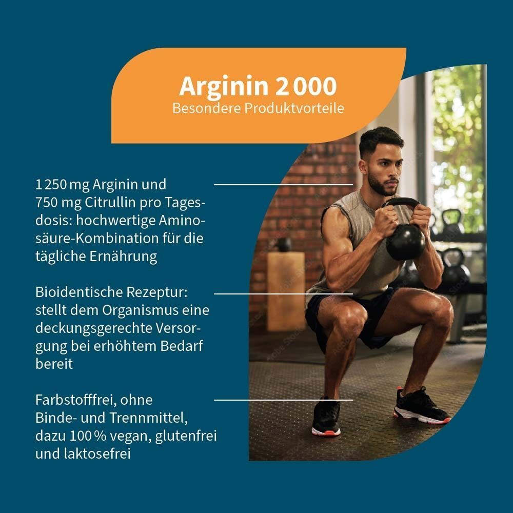 Mann beim Training mit Hantel. Text: Arginin 2000. 1250mg Arginin, 750mg Citrullin. Vegan, glutenfrei, laktosefrei.