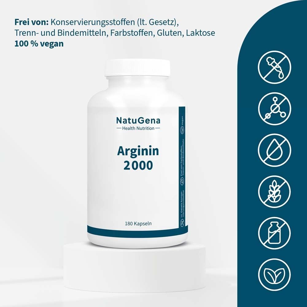 Weiße Flasche mit blauem Etikett. Aufschrift: NatuGena Arginin 2000. 180 Kapseln. 100% vegan.