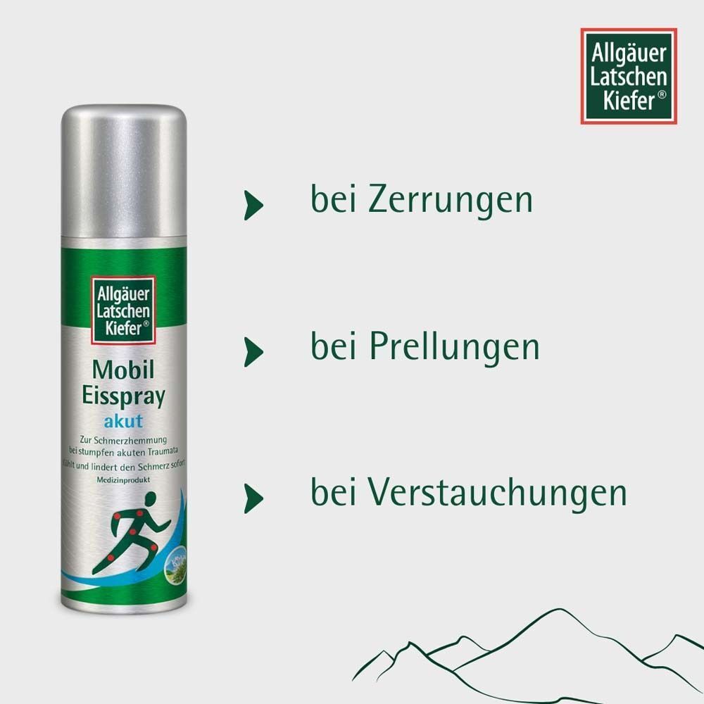 Spray mit grün-weißem Etikett. Text: bei Zerrungen, bei Prellungen, bei Verstauchungen. Logo oben rechts.