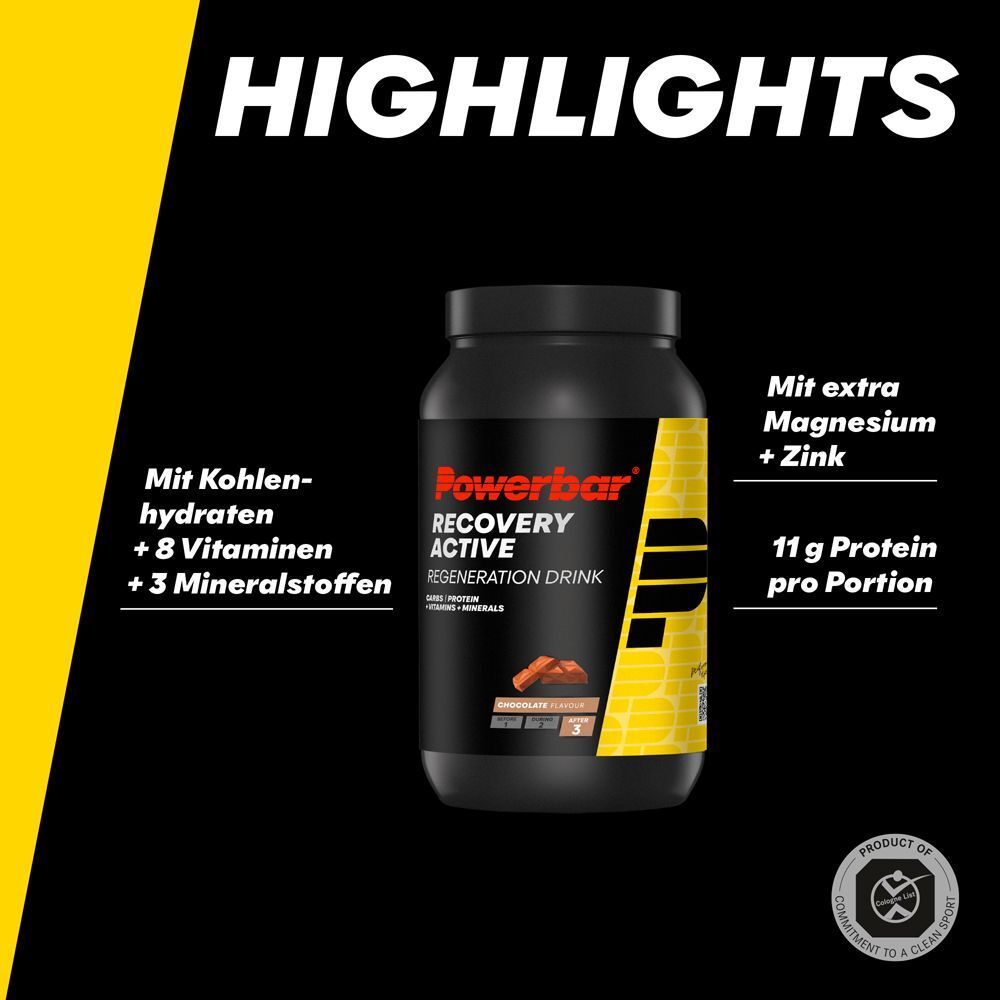 Schwarzer Powerbar-Behälter. Text: Recovery Active, Regeneration Drink. Zusätzliche Informationen: Kohlenhydrate, Vitamine, Mineralstoffe, Protein. Gelber und schwarzer Hintergrund.