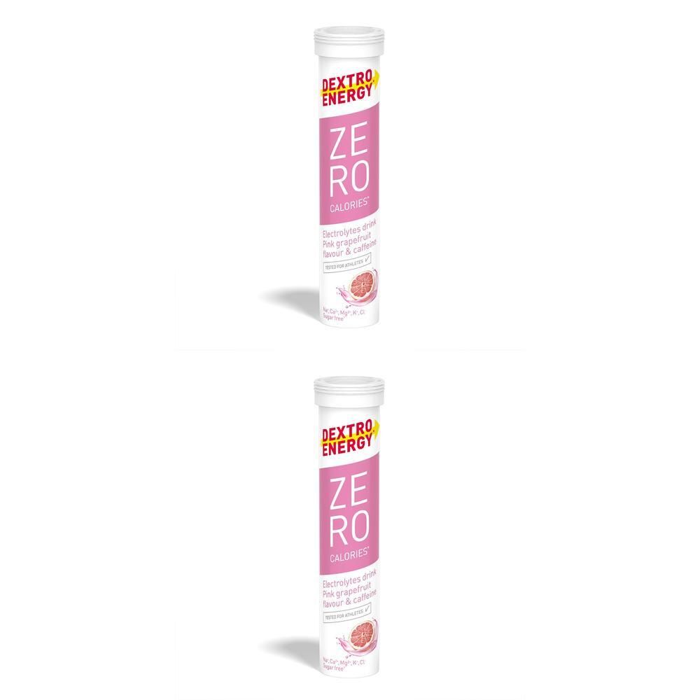 Zwei Röhrchen Dextro Energy Zero Calories. Rosa Etikett mit Schriftzug ZERO CALORIES, Grapefruit-Geschmack und Koffein.
