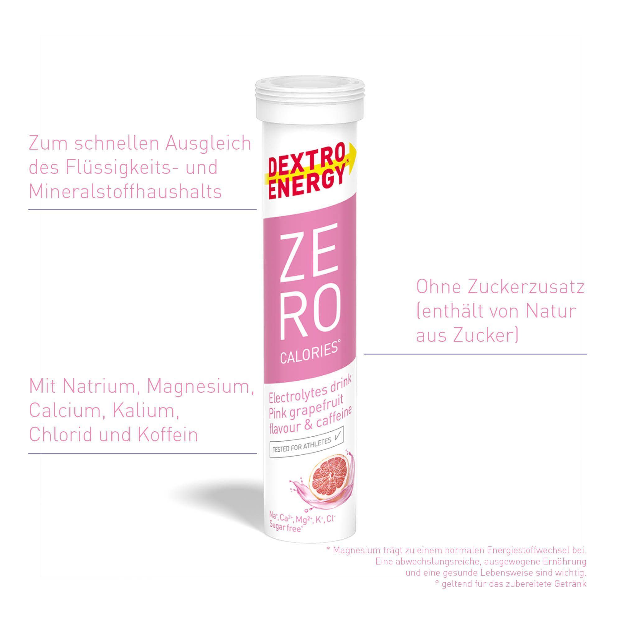 Dextro Energy Zero Calories-Röhrchen. Rosa Etikett mit ZERO CALORIES, Grapefruit-Geschmack und Koffein. Ohne Zuckerzusatz.