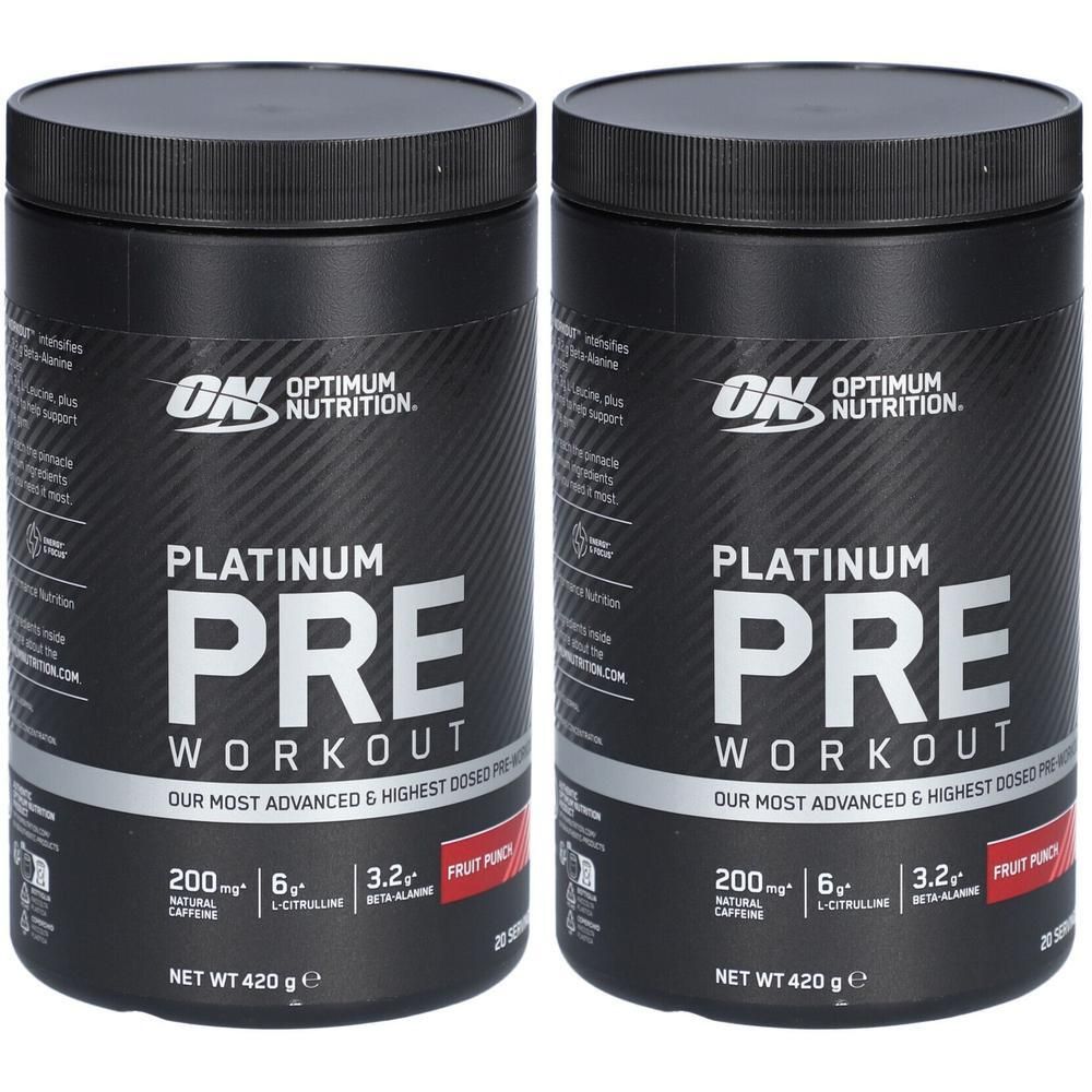 Zwei schwarze Dosen mit dem Aufdruck "Platinum Pre Workout" von Optimum Nutrition. Aufschrift "Fruit Punch".