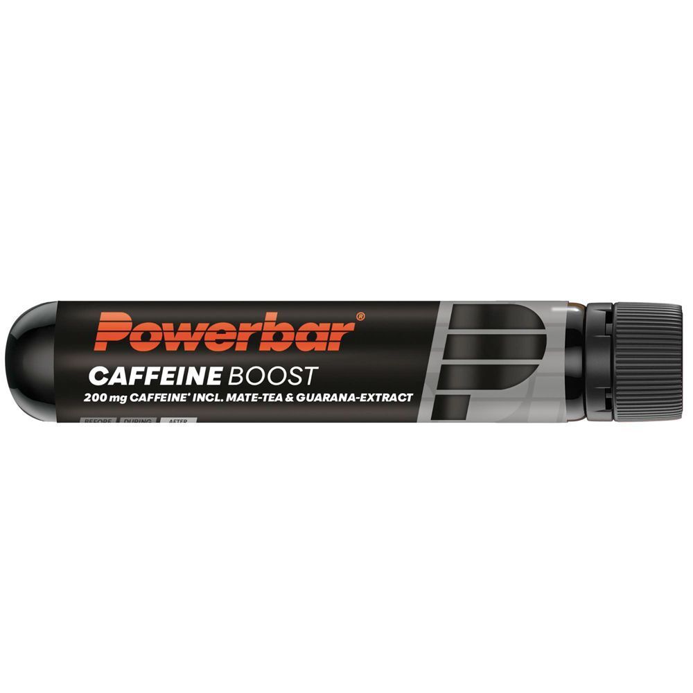 Schwarzes Fläschchen PowerBar CAFFEINEBOOST. Aufdruck: PowerBar, CAFFEINE BOOST, 200 mg Koffein, Mate-Tee & Guarana-Extrakt. Schwarzer Deckel.