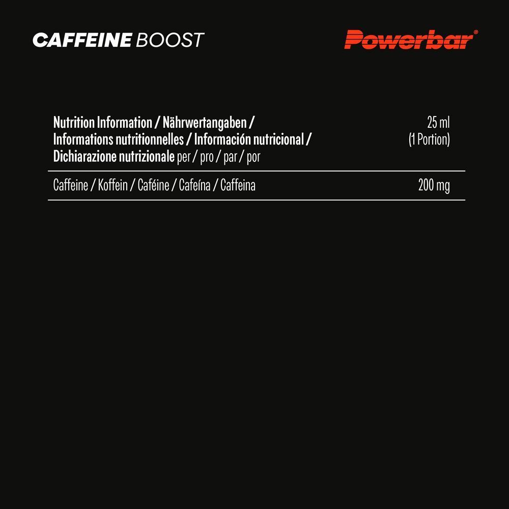 Nährwerttabelle. PowerBar CAFFEINE BOOST. 25 ml (1 Portion). Koffein: 200 mg.