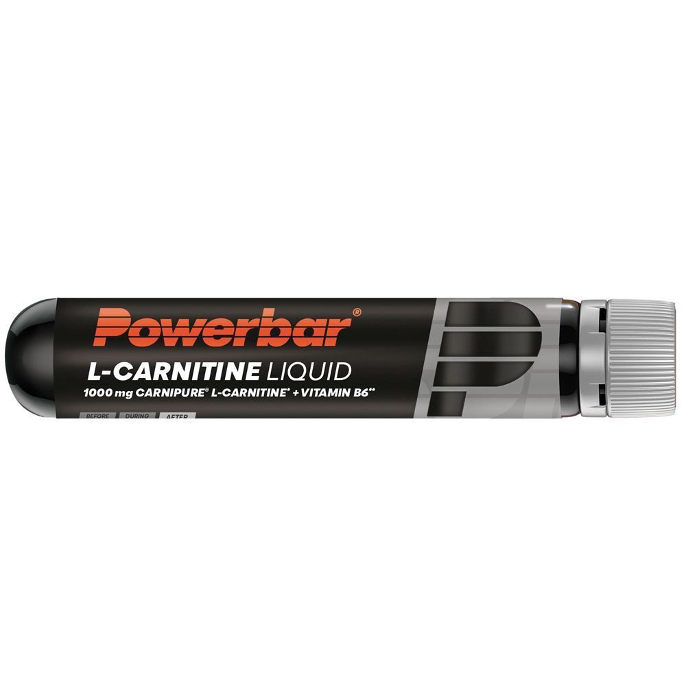 Einzelnes Fläschchen PowerBar L-Carnitine Liquid. Schwarze Flasche mit weißem Deckel. Aufschrift: PowerBar, L-Carnitine Liquid.