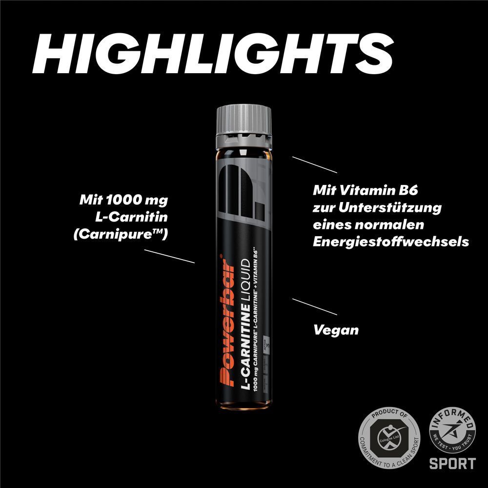 Fläschchen PowerBar L-Carnitine Liquid vor schwarzem Hintergrund. Text: Highlights, Mit 1000 mg L-Carnitin, Mit Vitamin B6, Vegan, Informed-Sport.