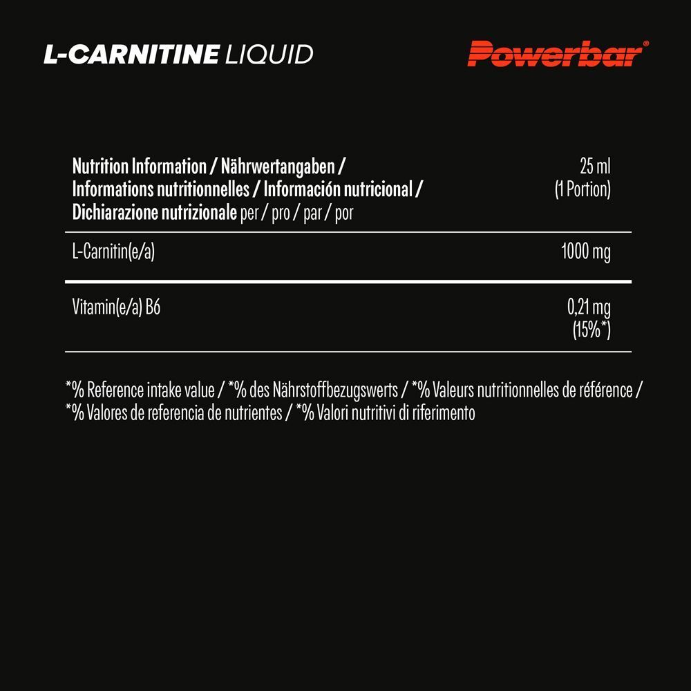 Nährwertangaben für PowerBar L-Carnitine Liquid. Enthält L-Carnitin und Vitamin B6. Schwarzer Hintergrund, weiße Schrift.