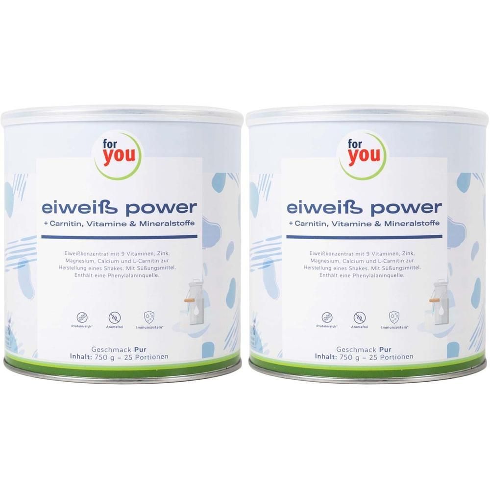 Zwei Dosen „for you eHealth Eiweiß Power Pur“. Weiße Dosen mit rotem Logo und Produktinformationen. Aufschrift „Eiweiß Power“.