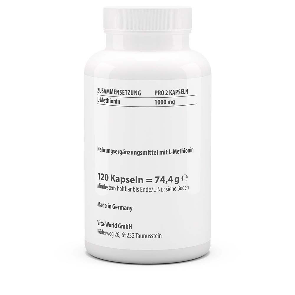 Weiße Flasche mit Etikett. Aufschrift: Methionin 500 mg, Vita World Logo. 120 Kapseln. Rückseite mit Inhaltsangaben.