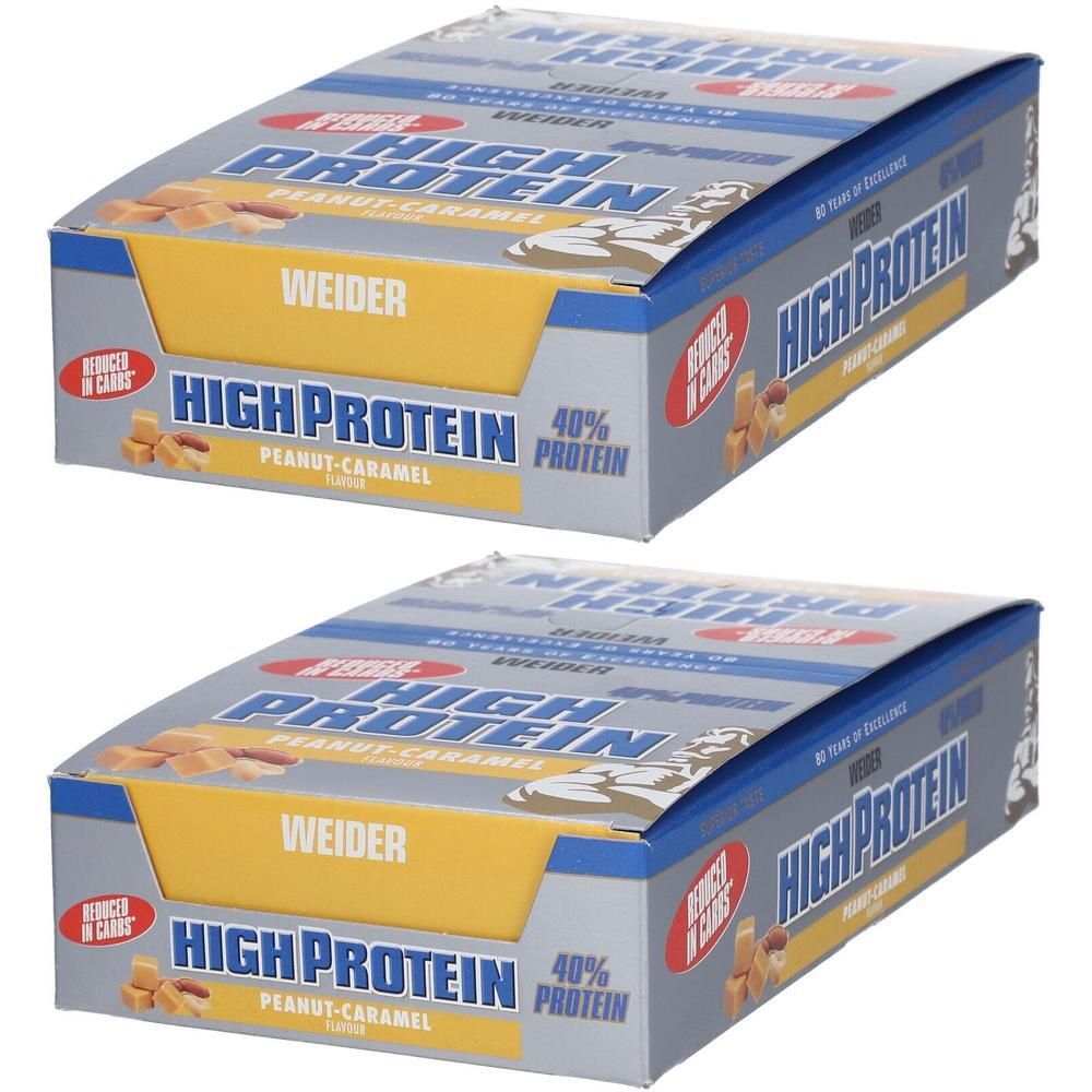 Zwei Kartons mit Weider High Protein Riegeln. Aufschrift: High Protein, 40% Protein, Erdnuss-Karamell. Marke: Weider.