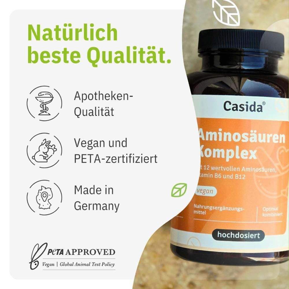 Flasche Casida® Aminosäuren Komplex. Infografik mit Apotheken-Qualität, vegan, PETA-zertifiziert, Made in Germany. PETA-Logo.