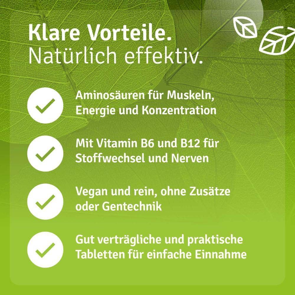 Infografik mit Vorteilen: Aminosäuren für Muskeln, Energie, Konzentration, Stoffwechsel, Nerven, vegan, ohne Zusätze, Tabletten.