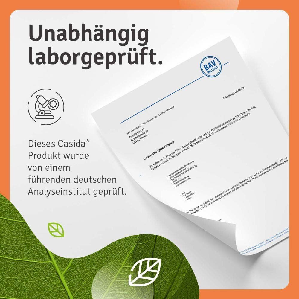 Zertifizierungsdokument. Dieses Casida® Produkt wurde von einem führenden deutschen Analyseinstitut geprüft. BAV-Logo.