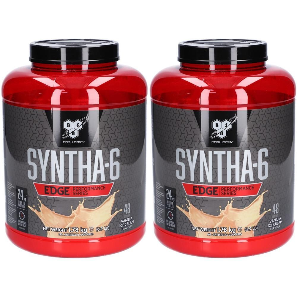 Zwei rote Behälter mit schwarzem Deckel. Aufschrift SYNTHA-6 EDGE, darunter ein Vanille-Eis-Motiv. 24g Protein, 48 Portionen.