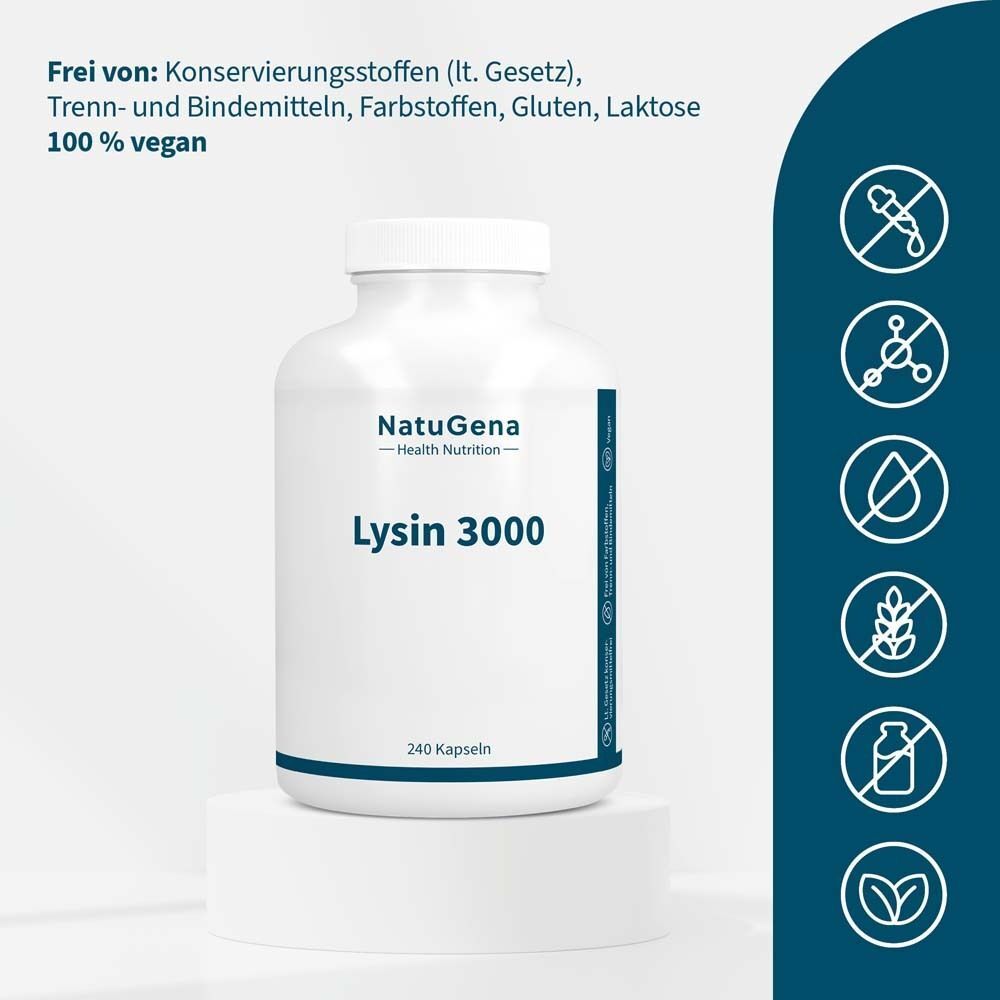 Weiße Flasche mit weißem Deckel. Auf der Flasche steht "NatuGena Lysin 3000" und "240 Kapseln". Symbole: frei von...