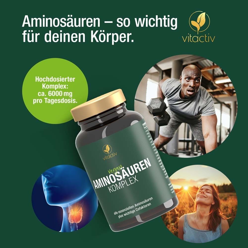 Vitactiv Aminosäuren Komplex vegan Flasche. Collage mit Sportlern und Organen. Text: Aminosäuren sind wichtig für den Körper.