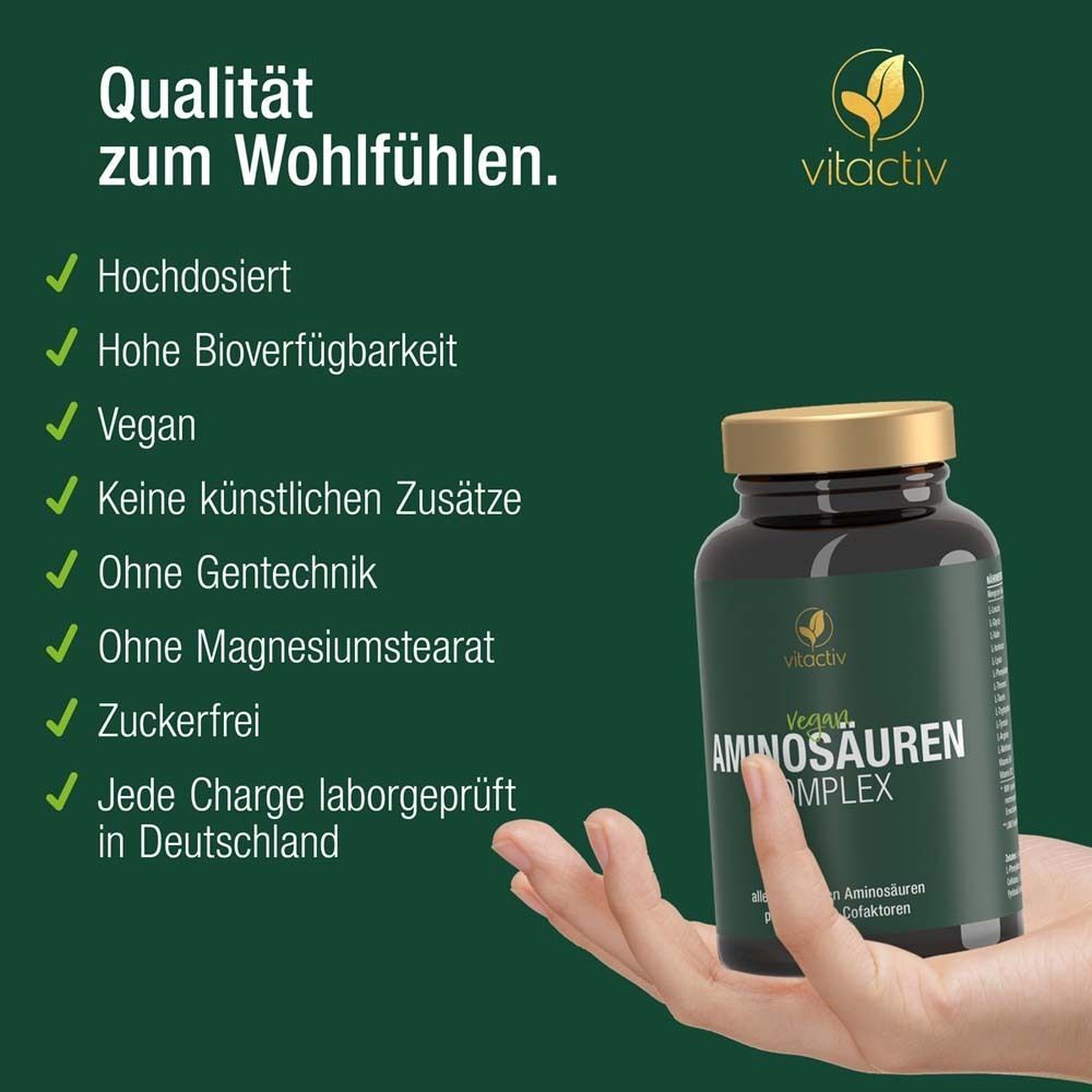 Vitactiv Aminosäuren Komplex vegan Flasche. Text: Hochdosiert, hohe Bioverfügbarkeit, vegan, ohne Zusätze, ohne Gentechnik.