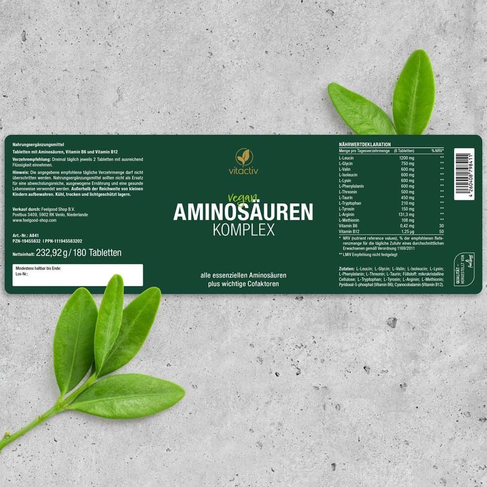 Verpackung Vitactiv Aminosäuren Komplex vegan. Enthält 180 Tabletten. Mit Blättern dekoriert.
