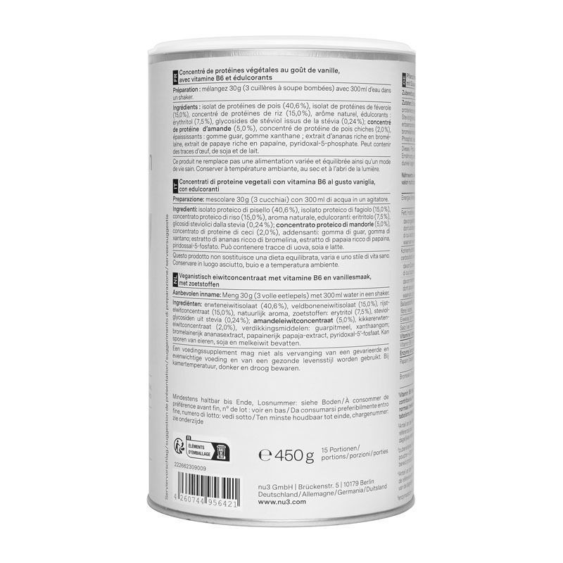 Rückseite einer Dose nu3 Fit Vegan Protein. Text in Deutsch, Französisch, Italienisch und Niederländisch. Enthält Informationen zu Inhaltsstoffen und Nährwerten. 450g.