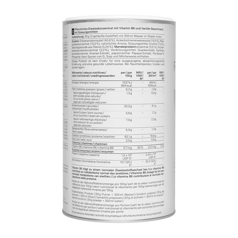 Rückseite einer Dose nu3 Fit Vegan Protein. Text in Deutsch. Enthält Nährwertangaben pro 100g und pro Portion. Enthält Informationen zu Vitamin B6 und Enzymen.