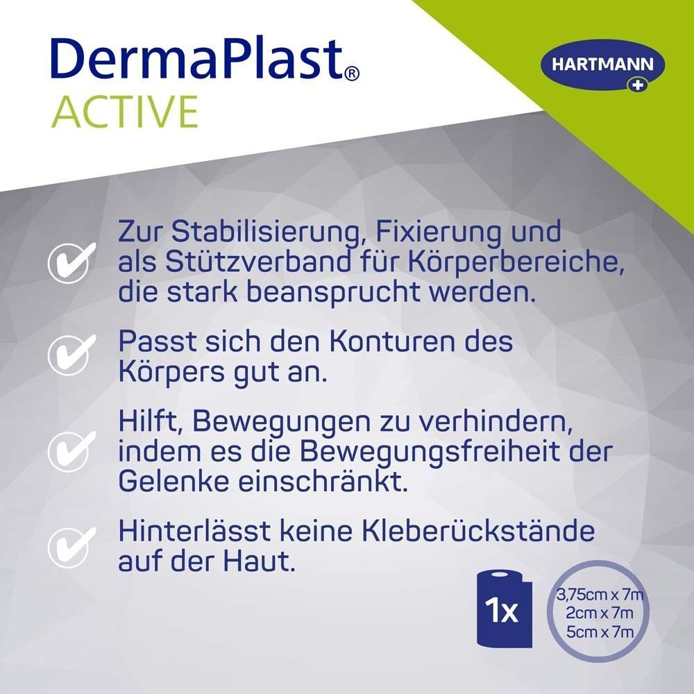 Text auf grünem Hintergrund: DermaPlast ACTIVE. Produktmerkmale und Größenangaben.