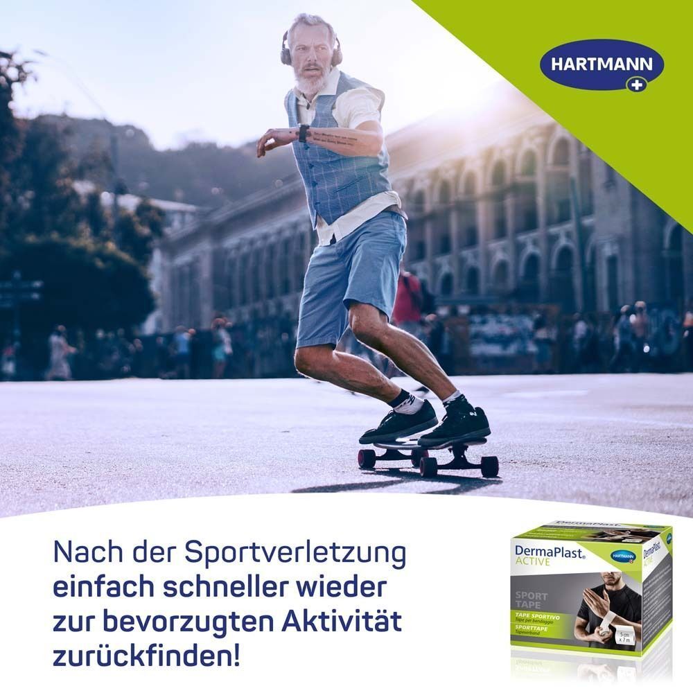 Mann auf Skateboard. Kleine Packung Sport Tape.